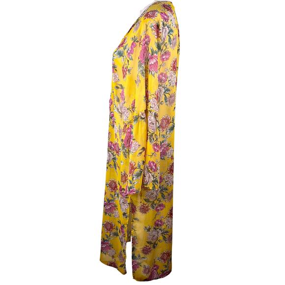 Band Of Gypsies Floral Kaftan Coverup Swim Kimono Yellow Pink Large Tie Closure - Picture 12 of 16